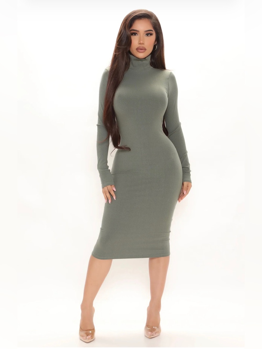 NWT Fashion Nova Layla snatched Olive Ribbed Turtleneck Midi Dress - large